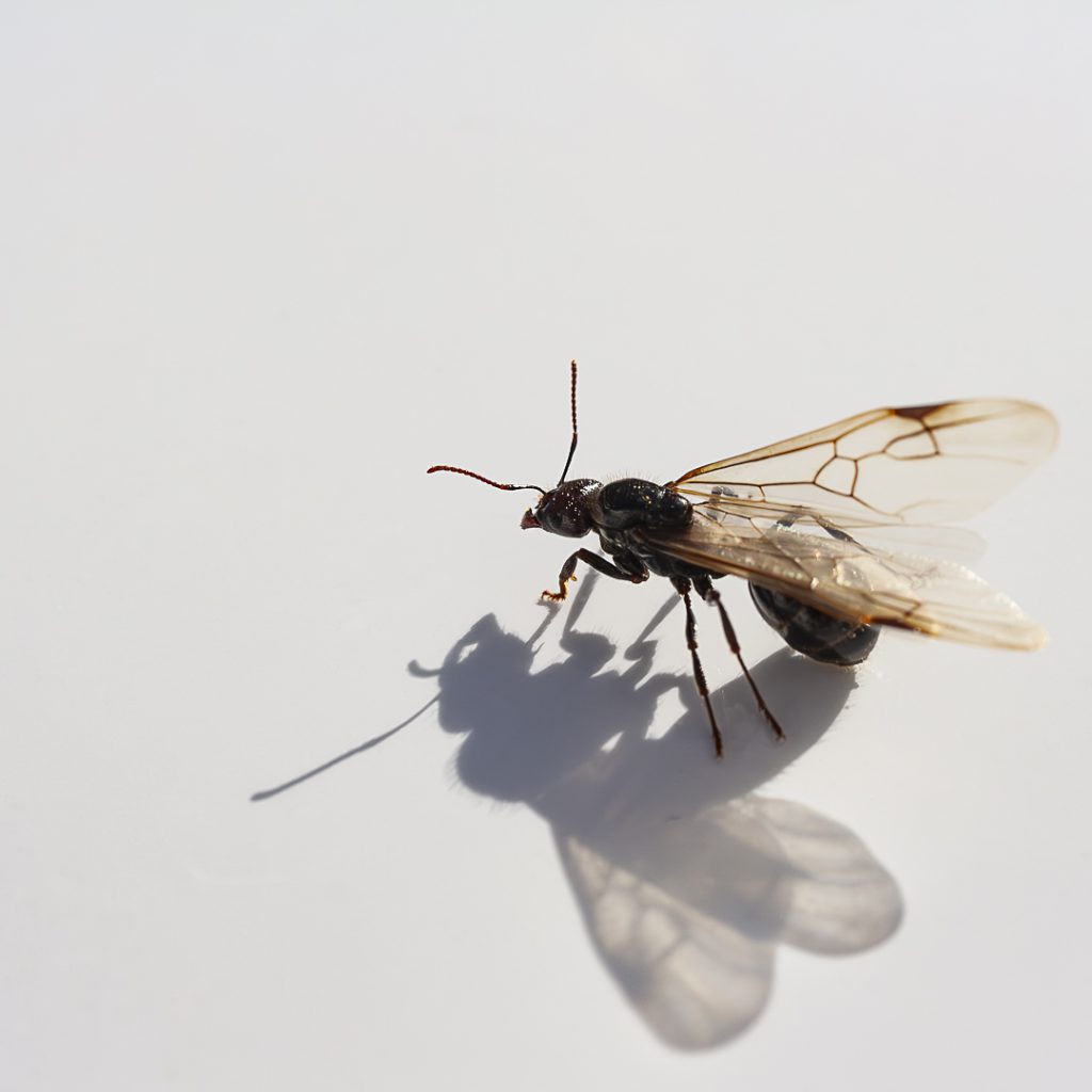Hormiga voladora, fondo blanco, sombra. Queen ant shadow, square.